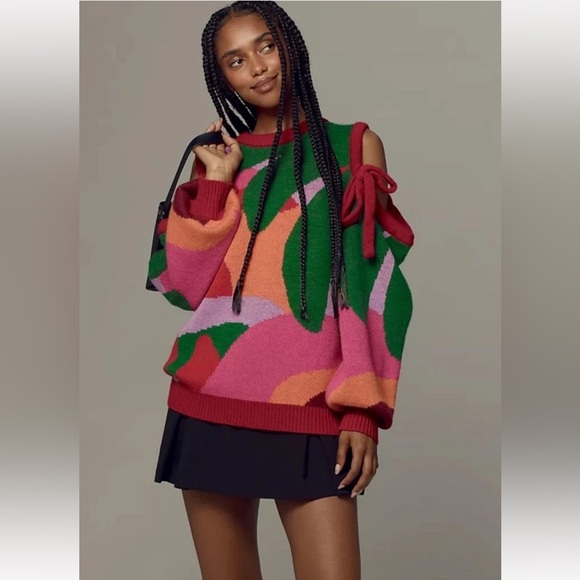 FARM Rio x Anthropologie Cold-Shoulder Crew Neck Sweater Size Small - Picture 2 of 8